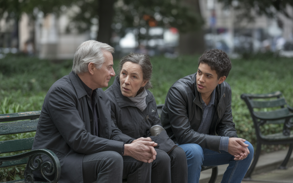 Trois personnes assises sur un banc de parc, dialoguant sérieusement, entourées de verdure et d'un environnement urbain.