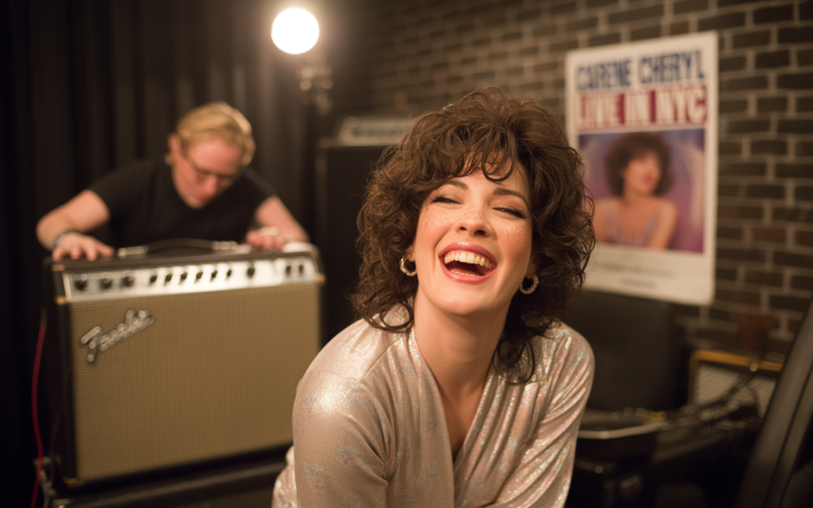 Femme souriante avec de beaux cheveux bouclés, portant une robe argentée, en arrière-plan, un musicien et un amplificateur.