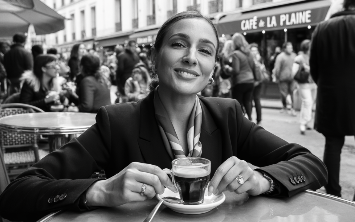 Femme souriante dans un café, tenant une tasse de café, entourée de passants dans une rue animée, en noir et blanc.
