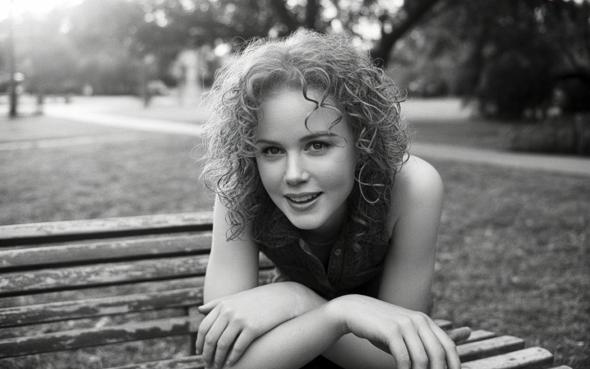 Femme souriante aux cheveux bouclés, posant sur un banc en bois dans un parc, en noir et blanc. Ambiance naturelle.