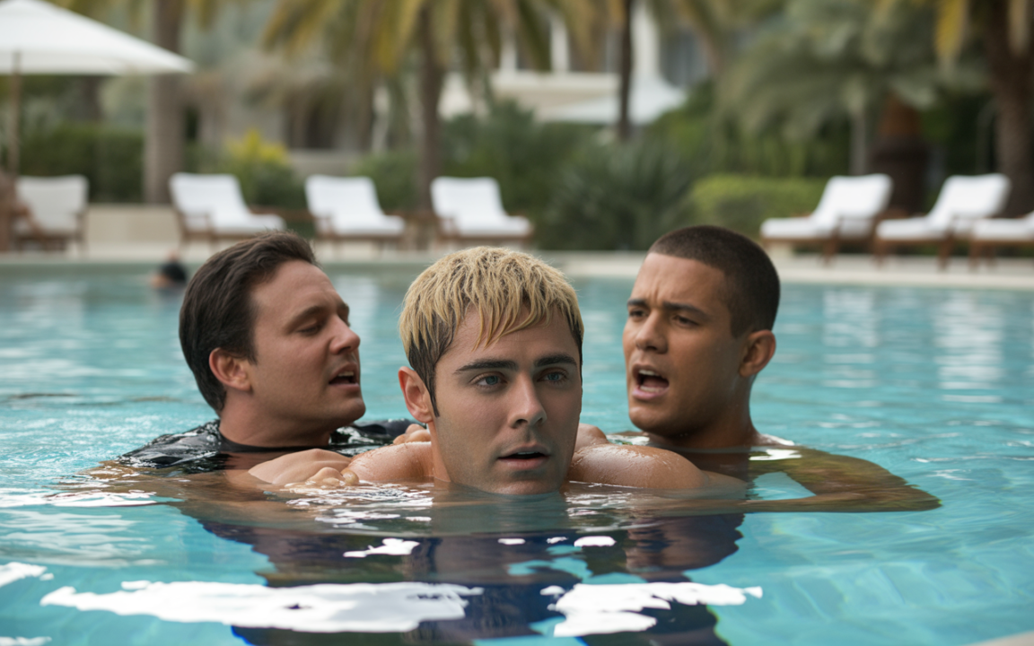 Trois hommes flottent dans une piscine, exprimant des émotions intenses, entourés de chaises longues et de palmiers en arrière-plan.