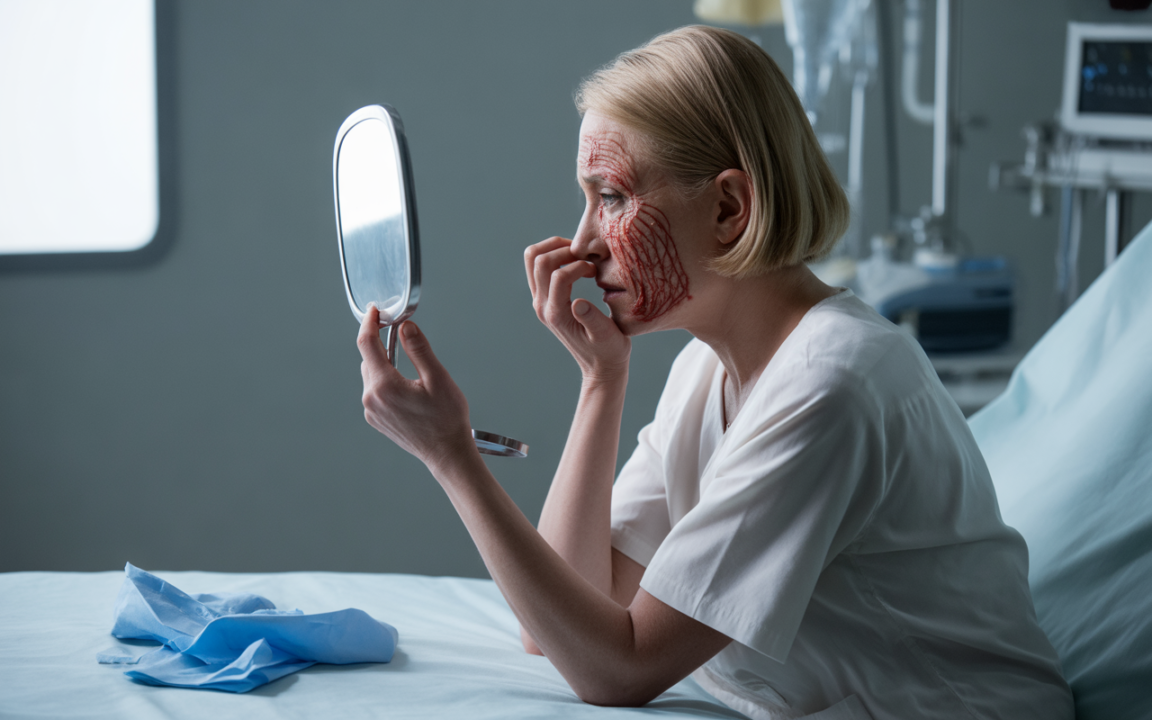 Femme dans un hôpital, portant une blouse blanche, se regarde dans un miroir, avec des marques rouges sur le visage.