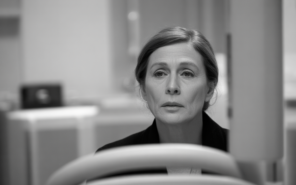 Femme pensive en noir et blanc, regard sérieux, assise dans un environnement intérieur flou. Éclairage doux, ambiance contemplative.