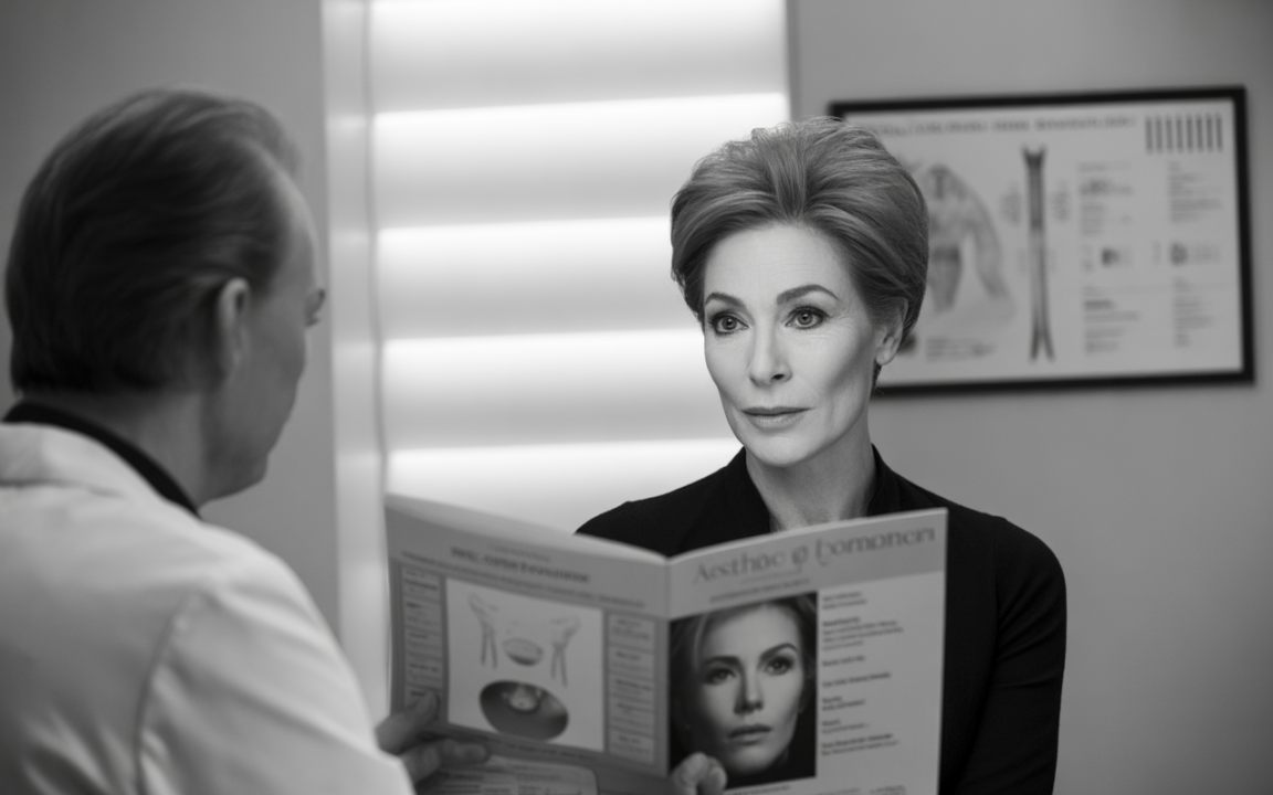 Femme élégante lisant un magazine esthétique dans un cabinet médical, avec un professionnel de santé en arrière-plan. Image en noir et blanc.