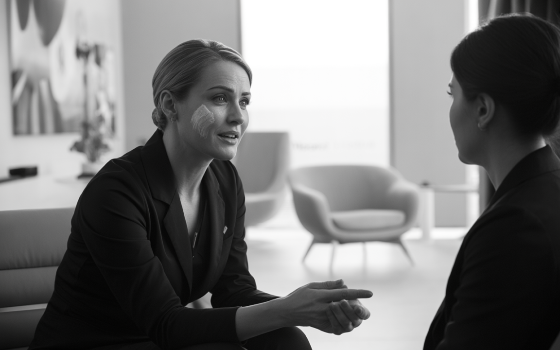 Deux femmes en discussion dans un bureau élégant, l'une appliquant un produit sur son visage, l'autre écoutant attentivement.