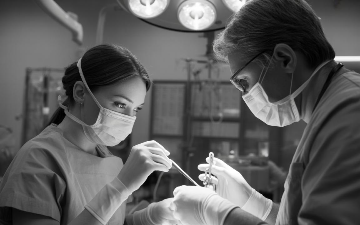 Deux professionnels de santé en salle d'opération, effectuant une intervention chirurgicale sous une lumière intense, vêtus de blouses et masques.
