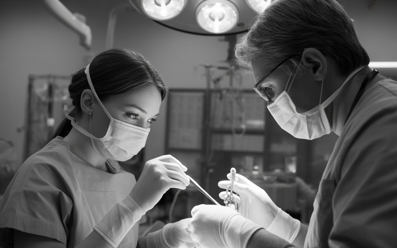 Deux professionnels de santé en salle d'opération, effectuant une intervention chirurgicale sous une lumière intense, vêtus de blouses et masques.