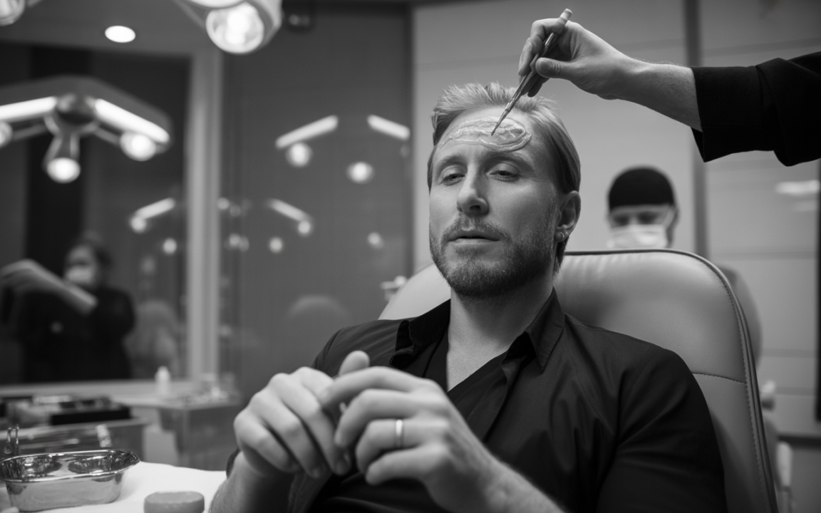 Homme assis en fauteuil avec un soin facial, une main applique un produit sur son front, ambiance de salon esthétique.