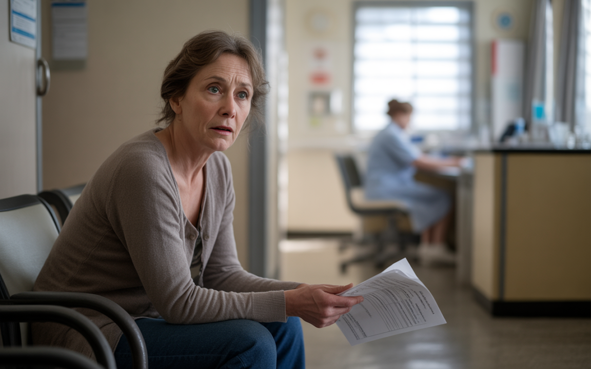 Femme anxieuse assise dans une salle d'attente, tenant des documents, tandis qu'une autre personne travaille à un bureau en arrière-plan.
