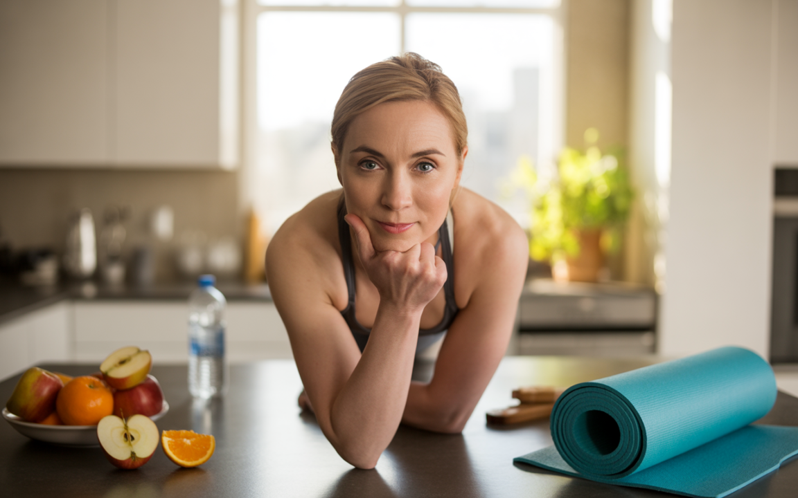 Femme attentive dans une cuisine, posant le menton sur la main, avec des fruits, une bouteille d'eau et un tapis de yoga.