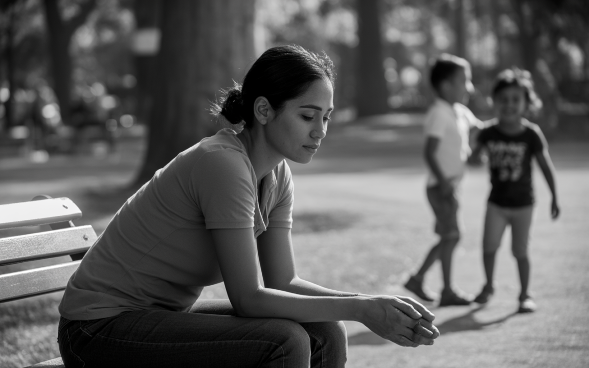 Femme pensive assise sur un banc, avec des enfants jouant en arrière-plan, dans un parc en noir et blanc.