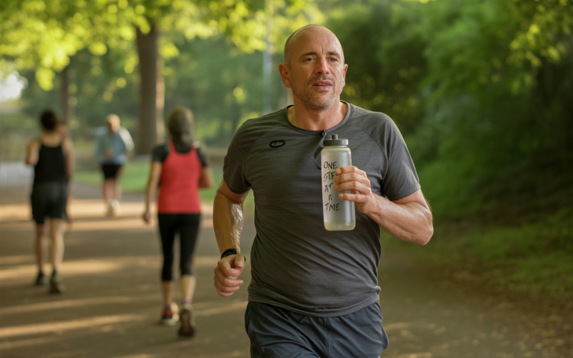 Un homme court dans un parc, tenant une bouteille d'eau avec l'inscription "ONE STEP AT A TIME". D'autres coureurs sont en arrière-plan.