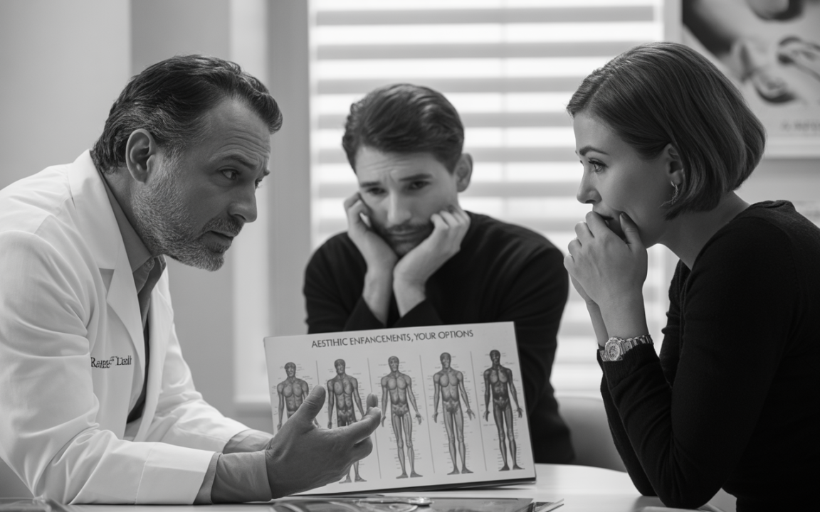 Un médecin discute avec un couple, montrant des options d'améliorations esthétiques à l'aide d'une brochure. Atmosphère sérieuse.