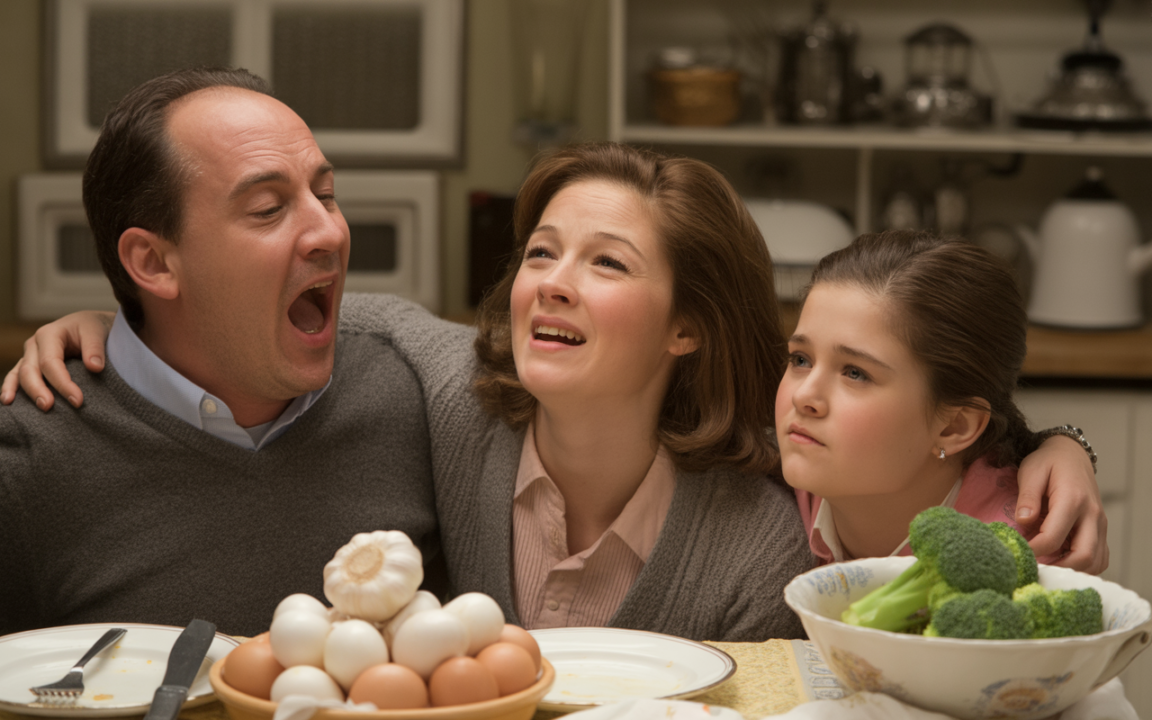 Une famille assise autour d'une table, souriante et expressive, avec des œufs et des brocolis comme repas.