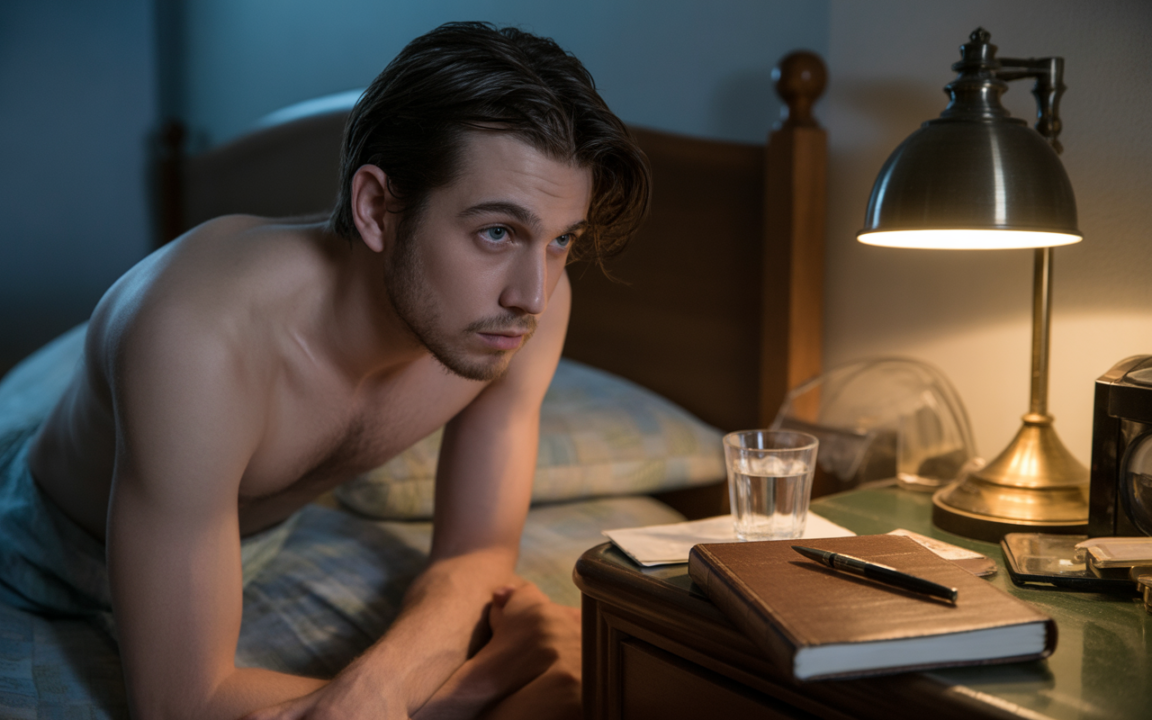 Un jeune homme torse nu, pensif, est assis sur son lit, entouré d'un carnet, d'un stylo et d'un verre d'eau.