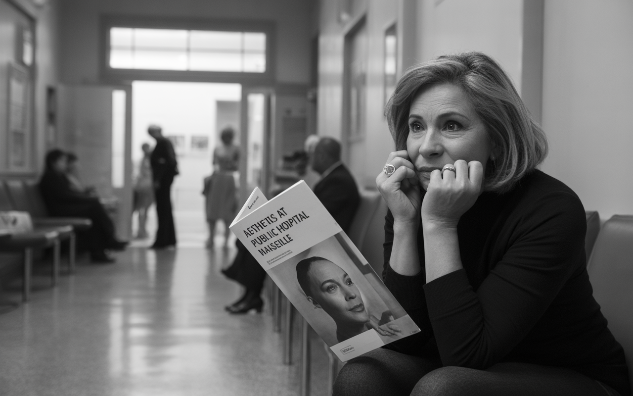 Femme pensive attendant dans un couloir d'hôpital, tenant un livre sur l'esthétique à Marseille, en noir et blanc.